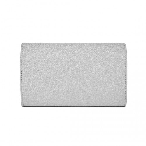 CLM2459 - Miss Lulu Women's Glitter Envelope Clutch with V-Metal Trim & Detachable Chain Strap - Silver