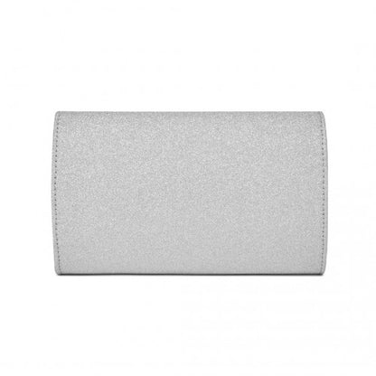 CLM2459 - Miss Lulu Women's Glitter Envelope Clutch with V-Metal Trim & Detachable Chain Strap - Silver