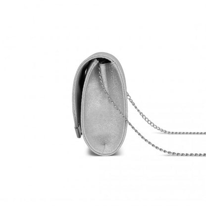 CLM2459 - Miss Lulu Women's Glitter Envelope Clutch with V-Metal Trim & Detachable Chain Strap - Silver