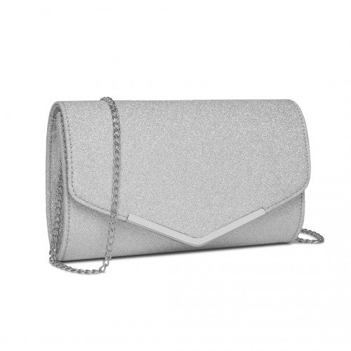 CLM2459 - Miss Lulu Women's Glitter Envelope Clutch with V-Metal Trim & Detachable Chain Strap - Silver
