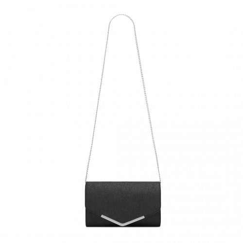 CLM2459 - Miss Lulu Women's Glitter Envelope Clutch with V-Metal Trim & Detachable Chain Strap - Black