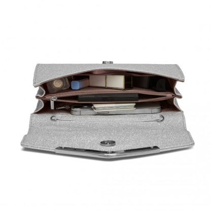 CLM2459 - Miss Lulu Women's Glitter Envelope Clutch with V-Metal Trim & Detachable Chain Strap - Silver