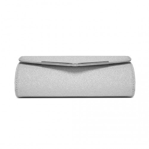CLM2459 - Miss Lulu Women's Glitter Envelope Clutch with V-Metal Trim & Detachable Chain Strap - Silver