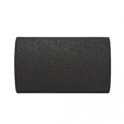 CLM2459 - Miss Lulu Women's Glitter Envelope Clutch with V-Metal Trim & Detachable Chain Strap - Black