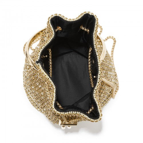 CLS2510 - Women's Rhinestone Evening Bag – Sparkly Handbag with Metal Ring Handle and Chain Crossbody Strap - Gold