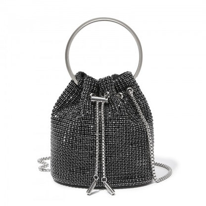 CLS2510 - Women's Rhinestone Evening Bag – Sparkly Handbag with Metal Ring Handle and Chain Crossbody Strap - Black