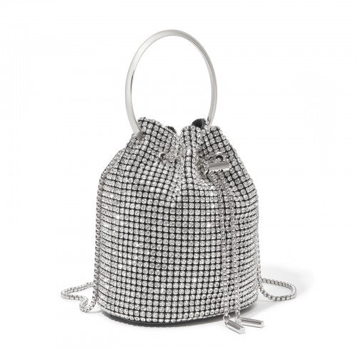 CLS2510 - Women's Rhinestone Evening Bag – Sparkly Handbag with Metal Ring Handle and Chain Crossbody Strap - Silver