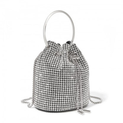 CLS2510 - Women's Rhinestone Evening Bag – Sparkly Handbag with Metal Ring Handle and Chain Crossbody Strap - Silver