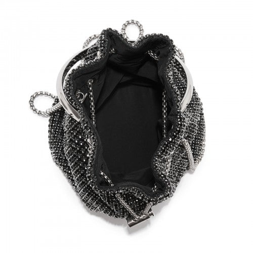 CLS2510 - Women's Rhinestone Evening Bag – Sparkly Handbag with Metal Ring Handle and Chain Crossbody Strap - Black