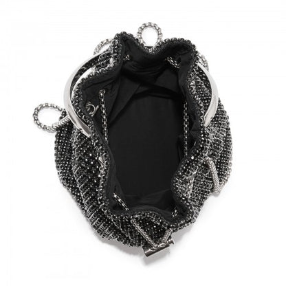 CLS2510 - Women's Rhinestone Evening Bag – Sparkly Handbag with Metal Ring Handle and Chain Crossbody Strap - Black