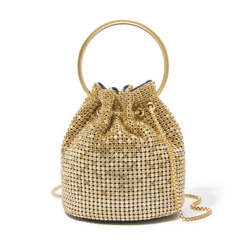 CLS2510 - Women's Rhinestone Evening Bag – Sparkly Handbag with Metal Ring Handle and Chain Crossbody Strap - Gold