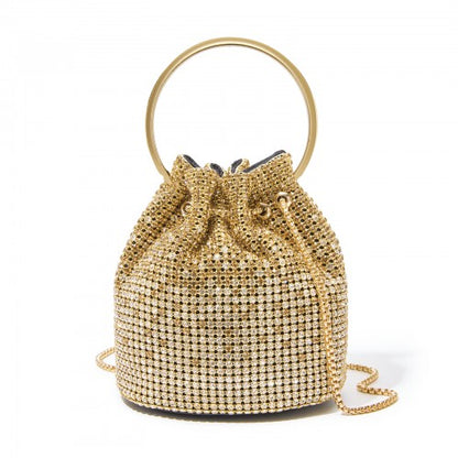 CLS2510 - Women's Rhinestone Evening Bag – Sparkly Handbag with Metal Ring Handle and Chain Crossbody Strap - Gold