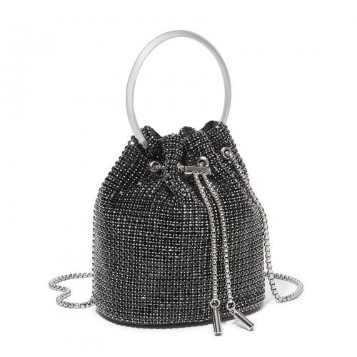 CLS2510 - Women's Rhinestone Evening Bag – Sparkly Handbag with Metal Ring Handle and Chain Crossbody Strap - Black
