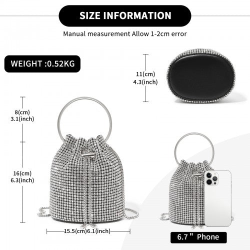 CLS2510 - Women's Rhinestone Evening Bag – Sparkly Handbag with Metal Ring Handle and Chain Crossbody Strap - Silver