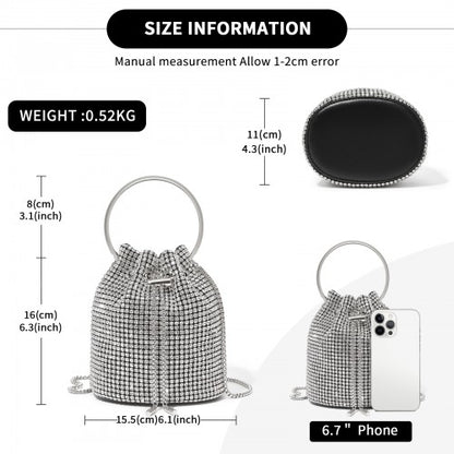CLS2510 - Women's Rhinestone Evening Bag – Sparkly Handbag with Metal Ring Handle and Chain Crossbody Strap - Silver