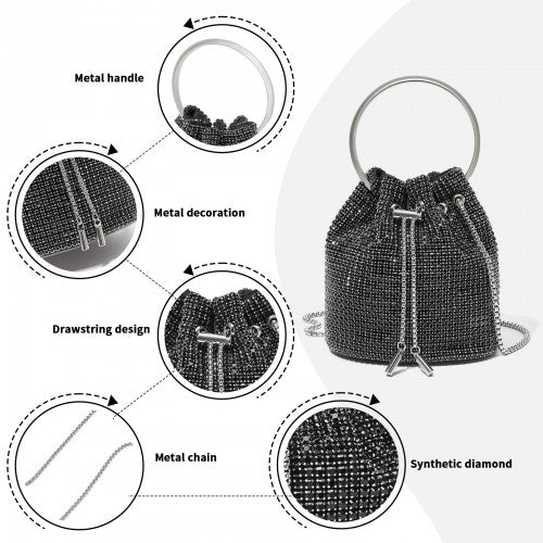 CLS2510 - Women's Rhinestone Evening Bag – Sparkly Handbag with Metal Ring Handle and Chain Crossbody Strap - Black