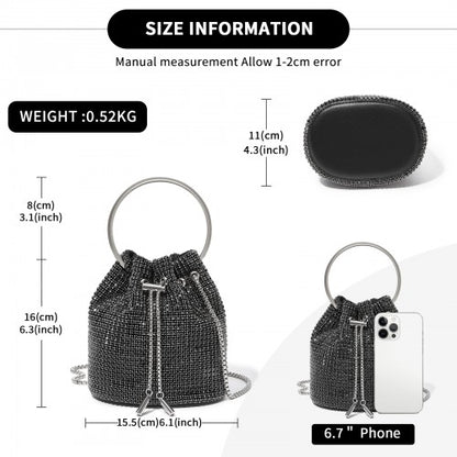CLS2510 - Women's Rhinestone Evening Bag – Sparkly Handbag with Metal Ring Handle and Chain Crossbody Strap - Black