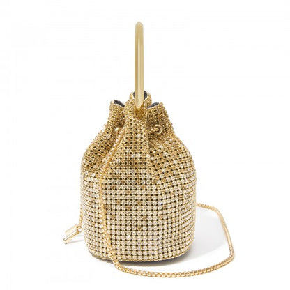 CLS2510 - Women's Rhinestone Evening Bag – Sparkly Handbag with Metal Ring Handle and Chain Crossbody Strap - Gold