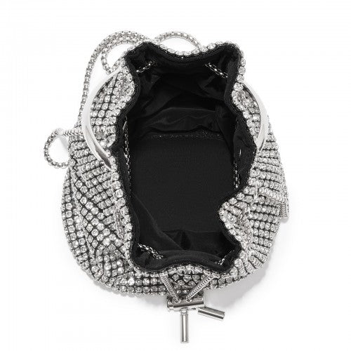 CLS2510 - Women's Rhinestone Evening Bag – Sparkly Handbag with Metal Ring Handle and Chain Crossbody Strap - Silver