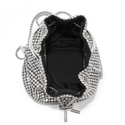 CLS2510 - Women's Rhinestone Evening Bag – Sparkly Handbag with Metal Ring Handle and Chain Crossbody Strap - Silver