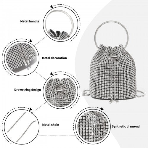 CLS2510 - Women's Rhinestone Evening Bag – Sparkly Handbag with Metal Ring Handle and Chain Crossbody Strap - Silver