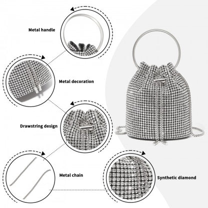 CLS2510 - Women's Rhinestone Evening Bag – Sparkly Handbag with Metal Ring Handle and Chain Crossbody Strap - Silver
