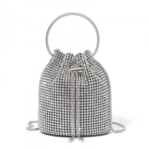 CLS2510 - Women's Rhinestone Evening Bag – Sparkly Handbag with Metal Ring Handle and Chain Crossbody Strap - Silver