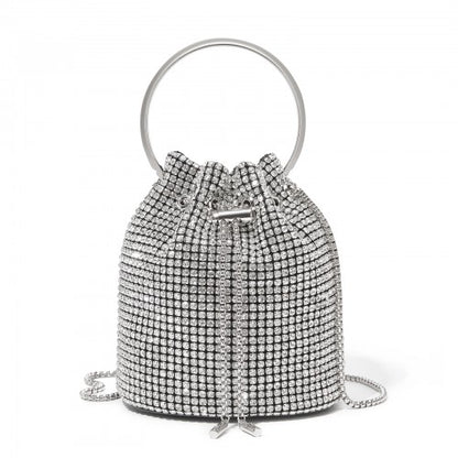 CLS2510 - Women's Rhinestone Evening Bag – Sparkly Handbag with Metal Ring Handle and Chain Crossbody Strap - Silver
