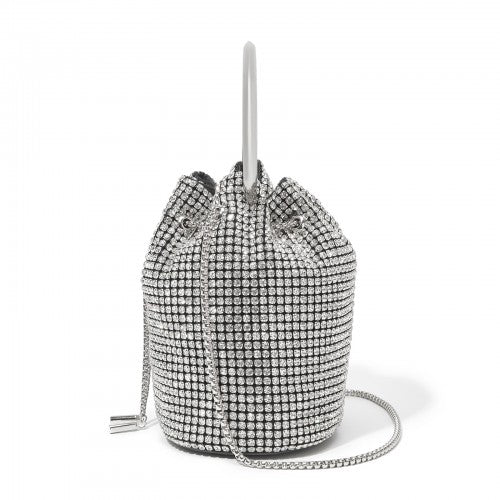 CLS2510 - Women's Rhinestone Evening Bag – Sparkly Handbag with Metal Ring Handle and Chain Crossbody Strap - Silver