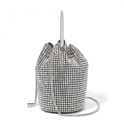 CLS2510 - Women's Rhinestone Evening Bag – Sparkly Handbag with Metal Ring Handle and Chain Crossbody Strap - Silver