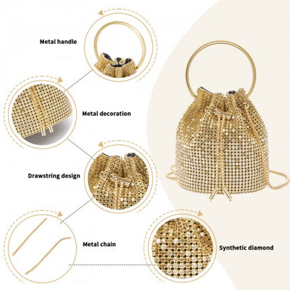 CLS2510 - Women's Rhinestone Evening Bag – Sparkly Handbag with Metal Ring Handle and Chain Crossbody Strap - Gold