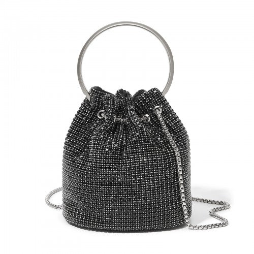 CLS2510 - Women's Rhinestone Evening Bag – Sparkly Handbag with Metal Ring Handle and Chain Crossbody Strap - Black