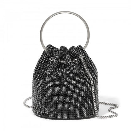 CLS2510 - Women's Rhinestone Evening Bag – Sparkly Handbag with Metal Ring Handle and Chain Crossbody Strap - Black