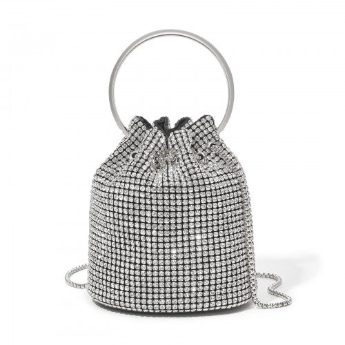 CLS2510 - Women's Rhinestone Evening Bag – Sparkly Handbag with Metal Ring Handle and Chain Crossbody Strap - Silver