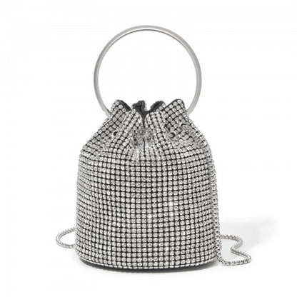 CLS2510 - Women's Rhinestone Evening Bag – Sparkly Handbag with Metal Ring Handle and Chain Crossbody Strap - Silver