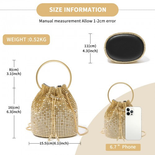 CLS2510 - Women's Rhinestone Evening Bag – Sparkly Handbag with Metal Ring Handle and Chain Crossbody Strap - Gold