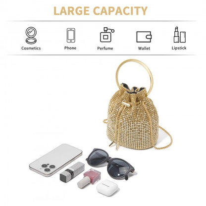 CLS2510 - Women's Rhinestone Evening Bag – Sparkly Handbag with Metal Ring Handle and Chain Crossbody Strap - Gold