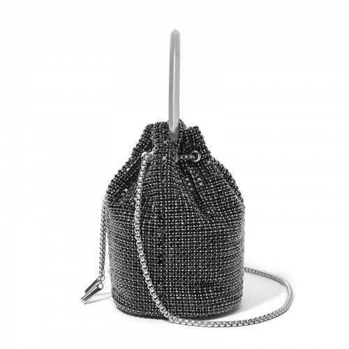 CLS2510 - Women's Rhinestone Evening Bag – Sparkly Handbag with Metal Ring Handle and Chain Crossbody Strap - Black