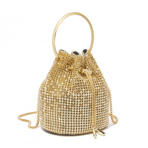 CLS2510 - Women's Rhinestone Evening Bag – Sparkly Handbag with Metal Ring Handle and Chain Crossbody Strap - Gold