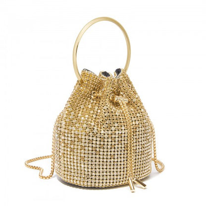 CLS2510 - Women's Rhinestone Evening Bag – Sparkly Handbag with Metal Ring Handle and Chain Crossbody Strap - Gold