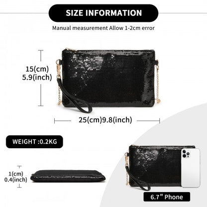 CLS2512 - Glam Sparkle Sequin Evening Clutch-Sleek, Shimmering Wristlet & Crossbody - Black