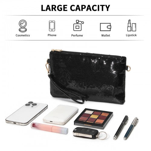 CLS2512 - Glam Sparkle Sequin Evening Clutch-Sleek, Shimmering Wristlet & Crossbody - Black