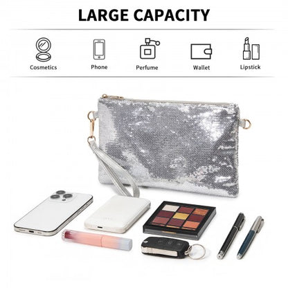 CLS2512 - Glam Sparkle Sequin Evening Clutch-Sleek, Shimmering Wristlet & Crossbody - Silver
