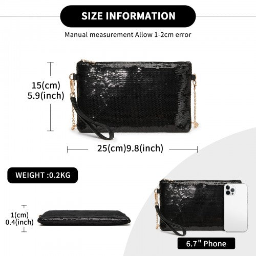 CLS2512 - Glam Sparkle Sequin Evening Clutch-Sleek, Shimmering Wristlet & Crossbody - Black
