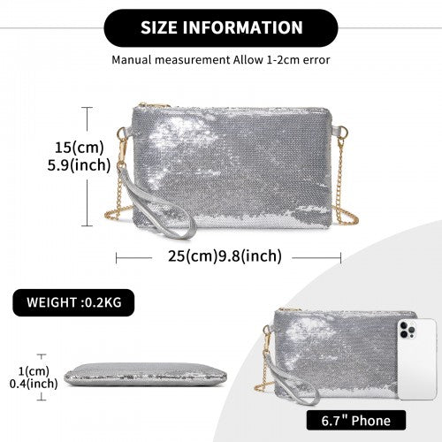 CLS2512 - Glam Sparkle Sequin Evening Clutch-Sleek, Shimmering Wristlet & Crossbody - Silver
