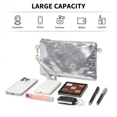 CLS2512 - Glam Sparkle Sequin Evening Clutch-Sleek, Shimmering Wristlet & Crossbody - Silver