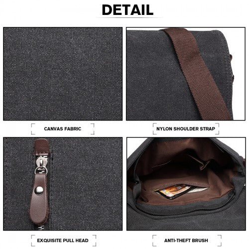 E1824-1 - Kono RFID-Blocking Retro Style Canvas Cross Body Messenger Bag - Black