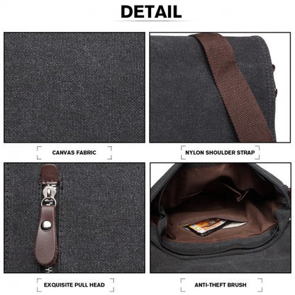 E1824-1 - Kono RFID-Blocking Retro Style Canvas Cross Body Messenger Bag - Black
