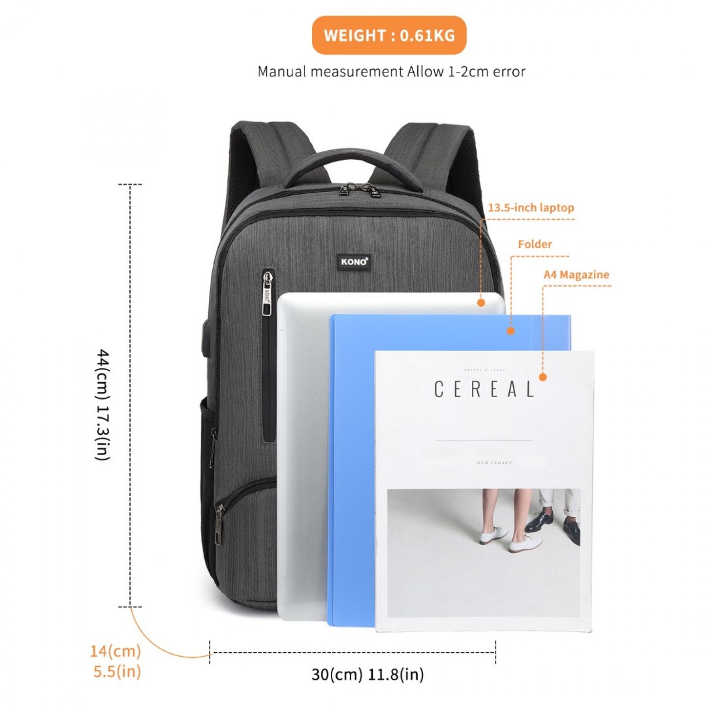 Kono E1978 grey backpack – rear view