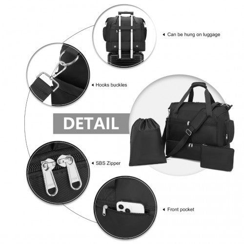 Easy Luggage EA2348 - Kono Waterproof Multi-Pocket Travel Duffel Bag Set With Dedicated Shoe Compartment - Black